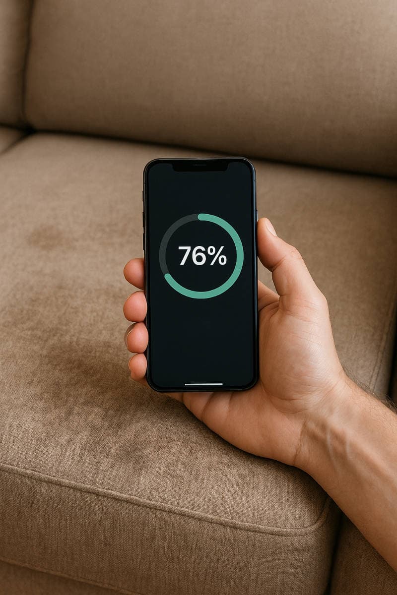 Illustration des KI Sofa-Checkers mit einem Smartphone, das ein Sofa fotografiert.